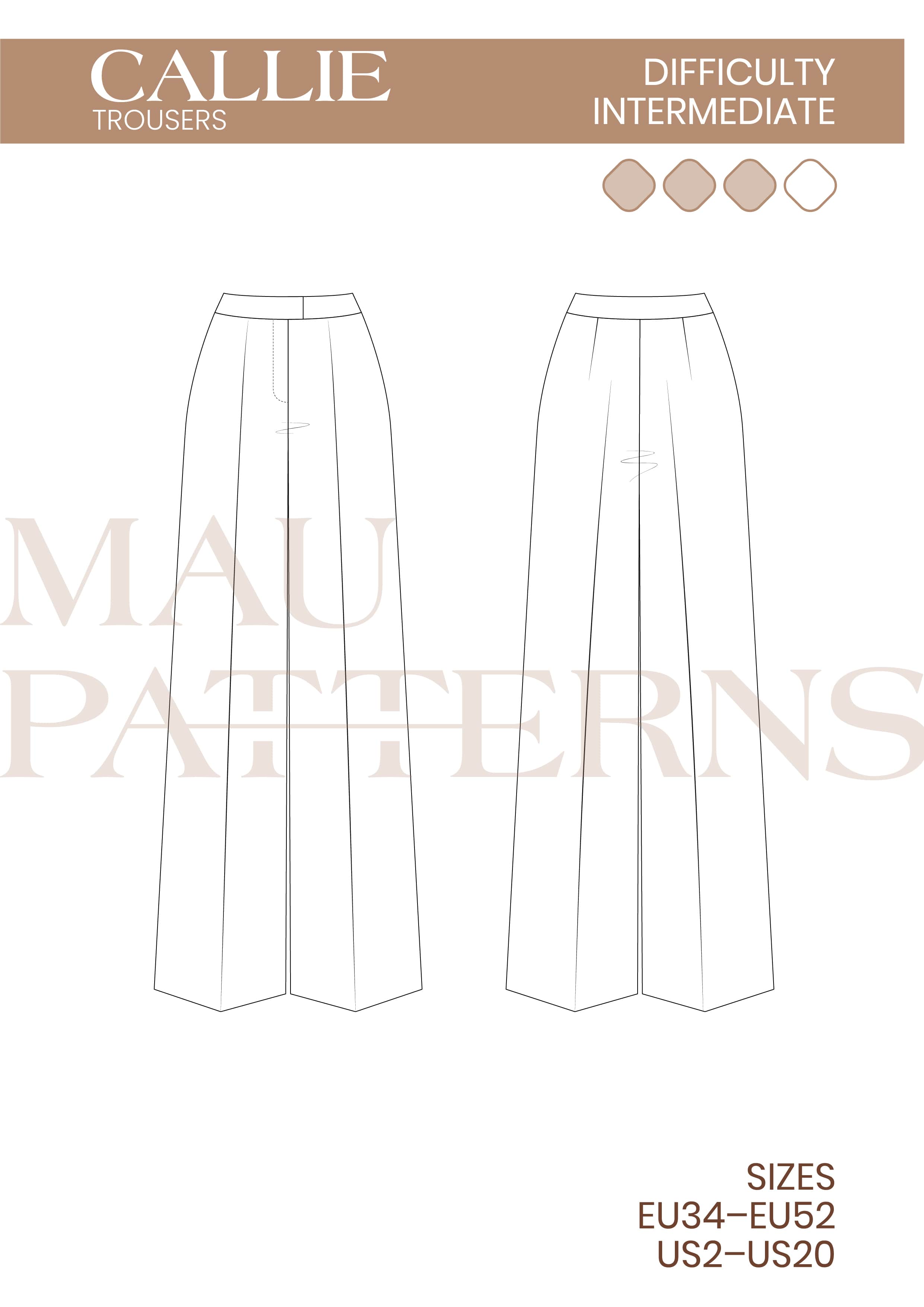 Patterns :: Women's patterns :: Trousers and shorts :: MAU patterns Callie trousers  sewing pattern, US sizes 2 - 20 / EU 34 - 52 / UK 6 - 24