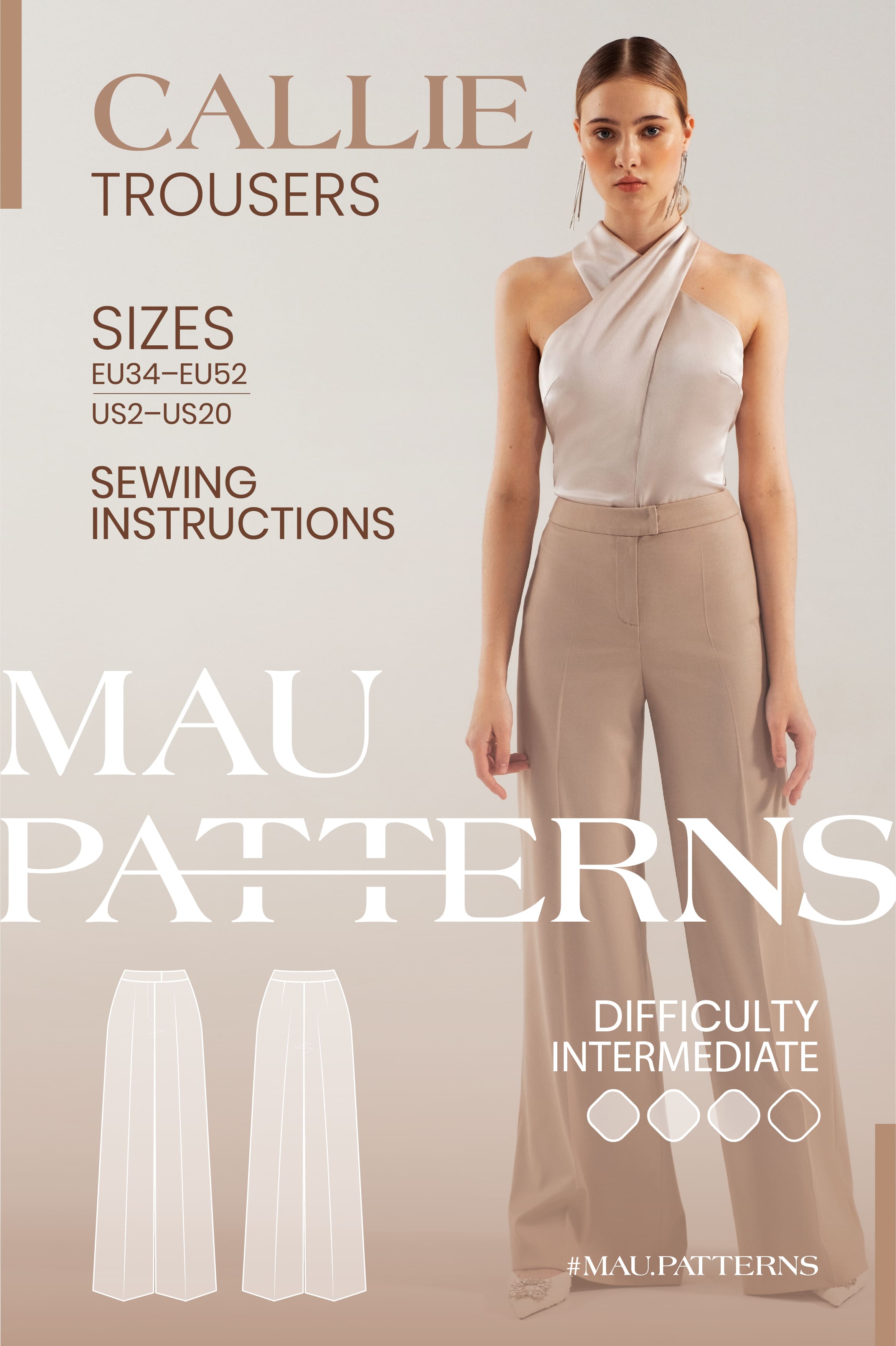 Patterns :: Women's patterns :: Trousers and shorts :: MAU patterns Callie trousers  sewing pattern, US sizes 2 - 20 / EU 34 - 52 / UK 6 - 24